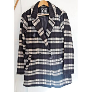 Vintage Y2K YMI Coat Large Black White Plaid 90s Fuzzy Oversized‎ Jacket Wool